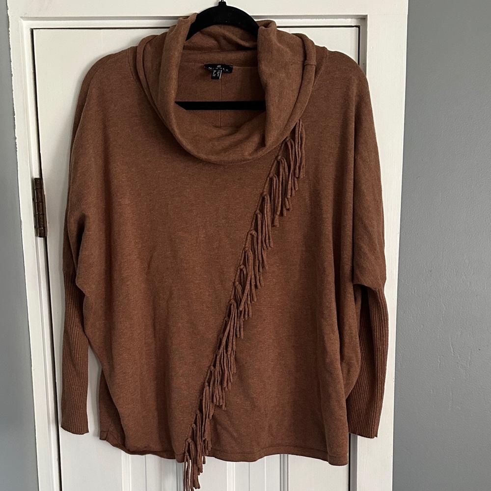 Marble Scotland 100% Cotton Fringe Cowl Neck Batwing Sweater Brown Camel S/M